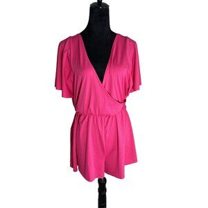 Halara Womens BarbieCore V Neck Short Sleeve Romper Small Hot Pink Stretch